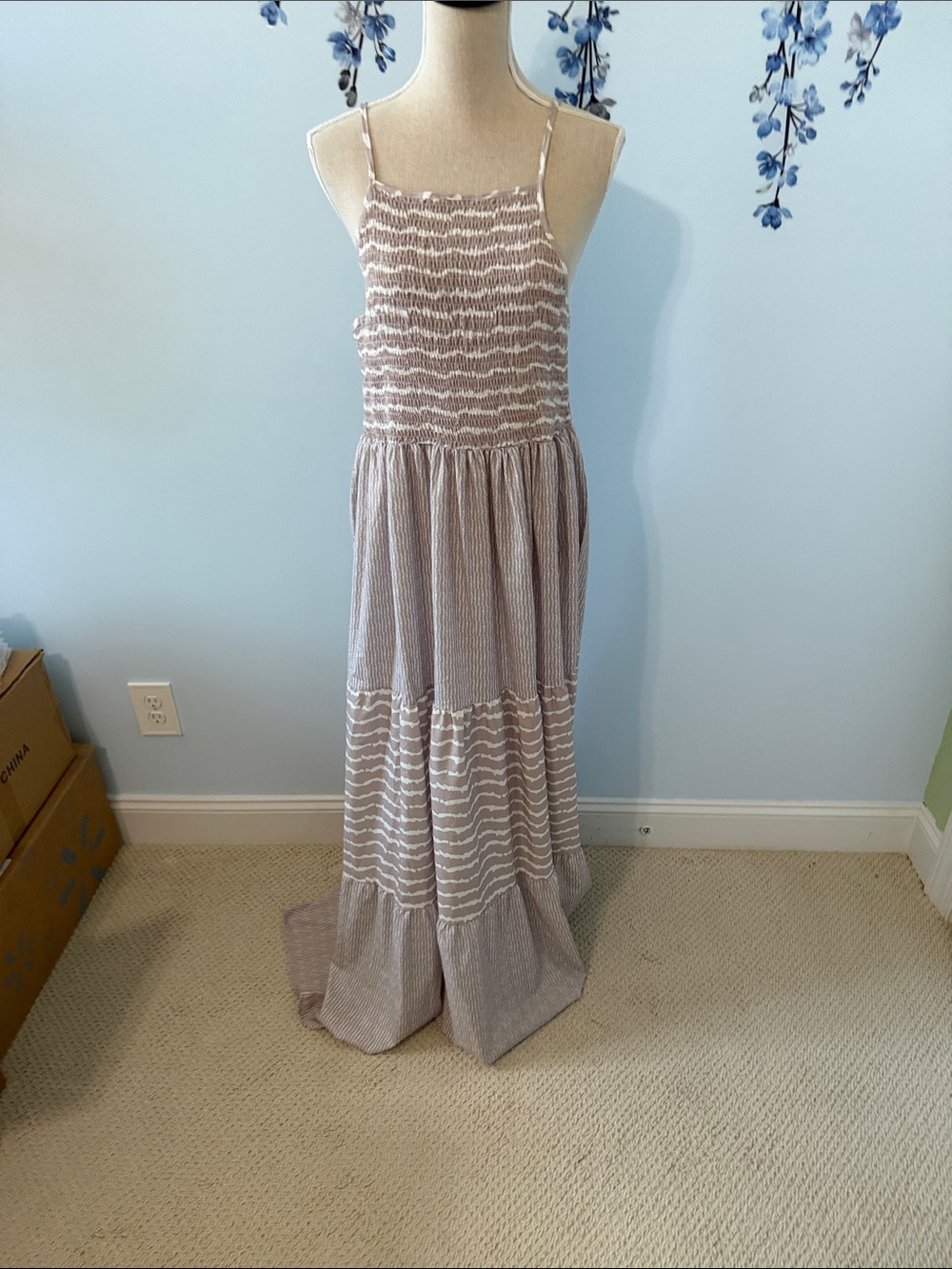 Amazon Women's Maxi Dress in Light Mauve and White Stripes
